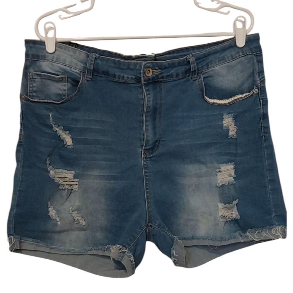 Jeans Shorts Plus Size 19/20 Woman's Distressed Raw Hem Holes Stretchy Blue Cute